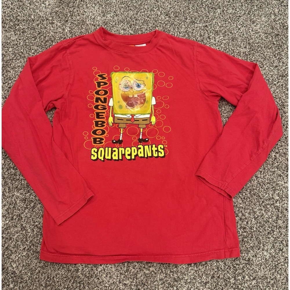Vintage 2006 SpongeBob Sz XL 16/18 Kids Red Long Sleeve Holographic Shirt
